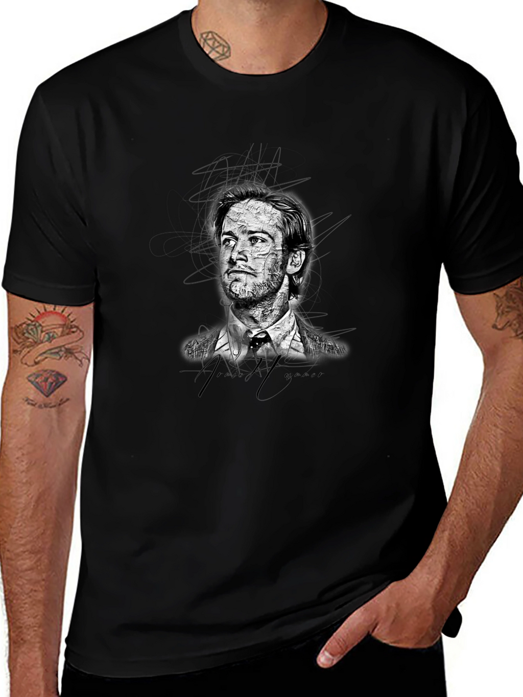 Mens Black Graphic T-Shirt - Sketch Portrait Design