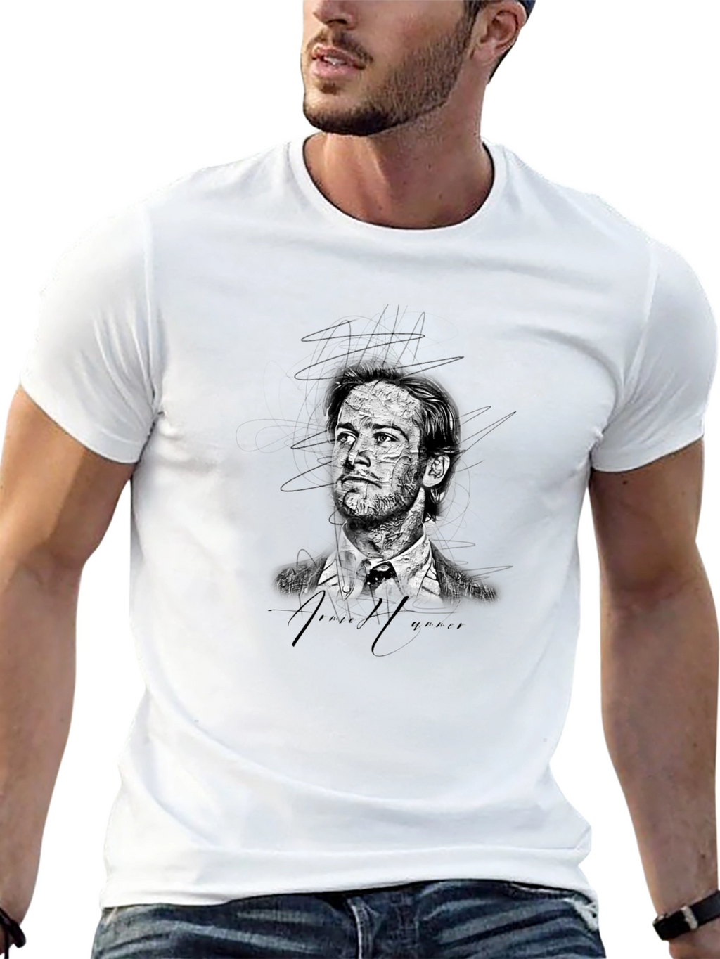 Mens Black Graphic T-Shirt - Sketch Portrait Design