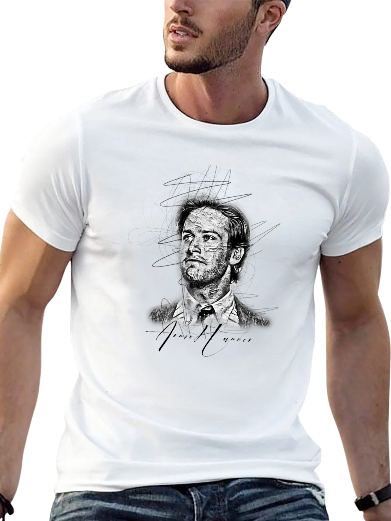 Mens Black Graphic T-Shirt - Sketch Portrait Design