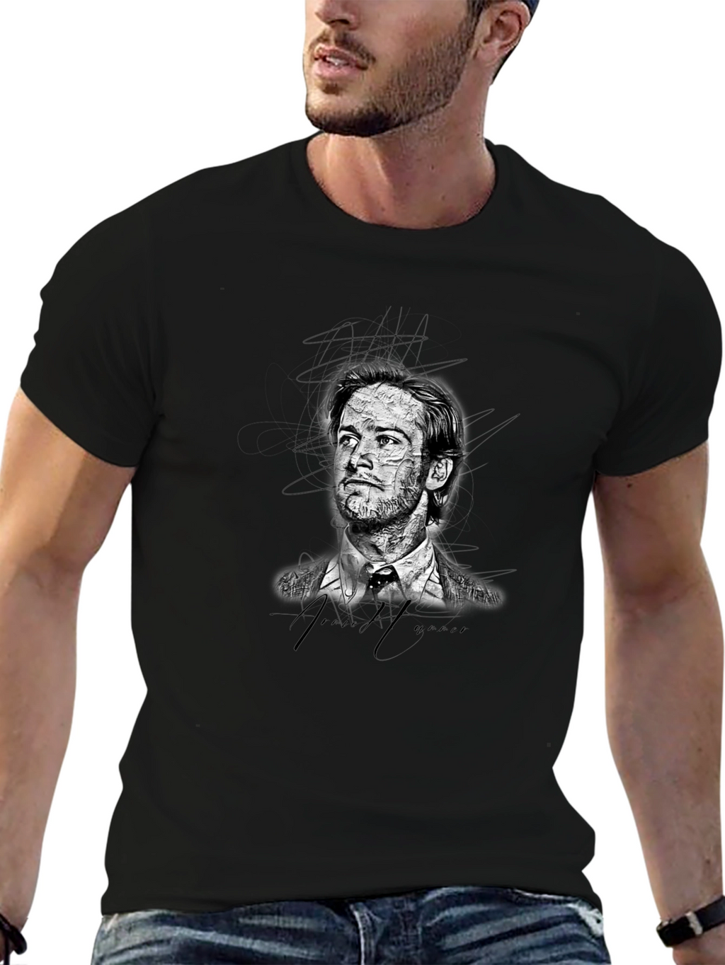 Mens Black Graphic T-Shirt - Sketch Portrait Design