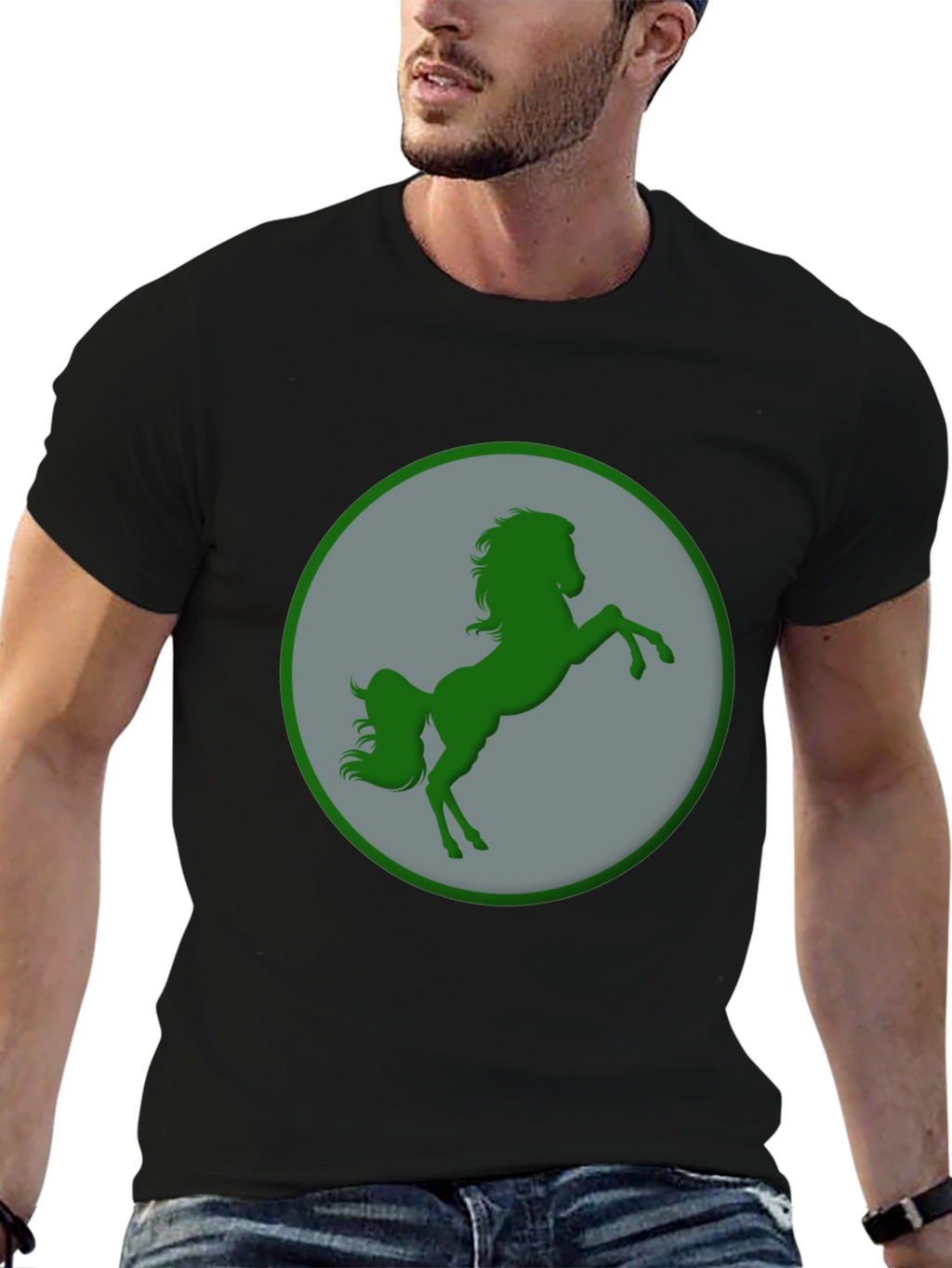 Green Horse Graphic Black T-Shirt