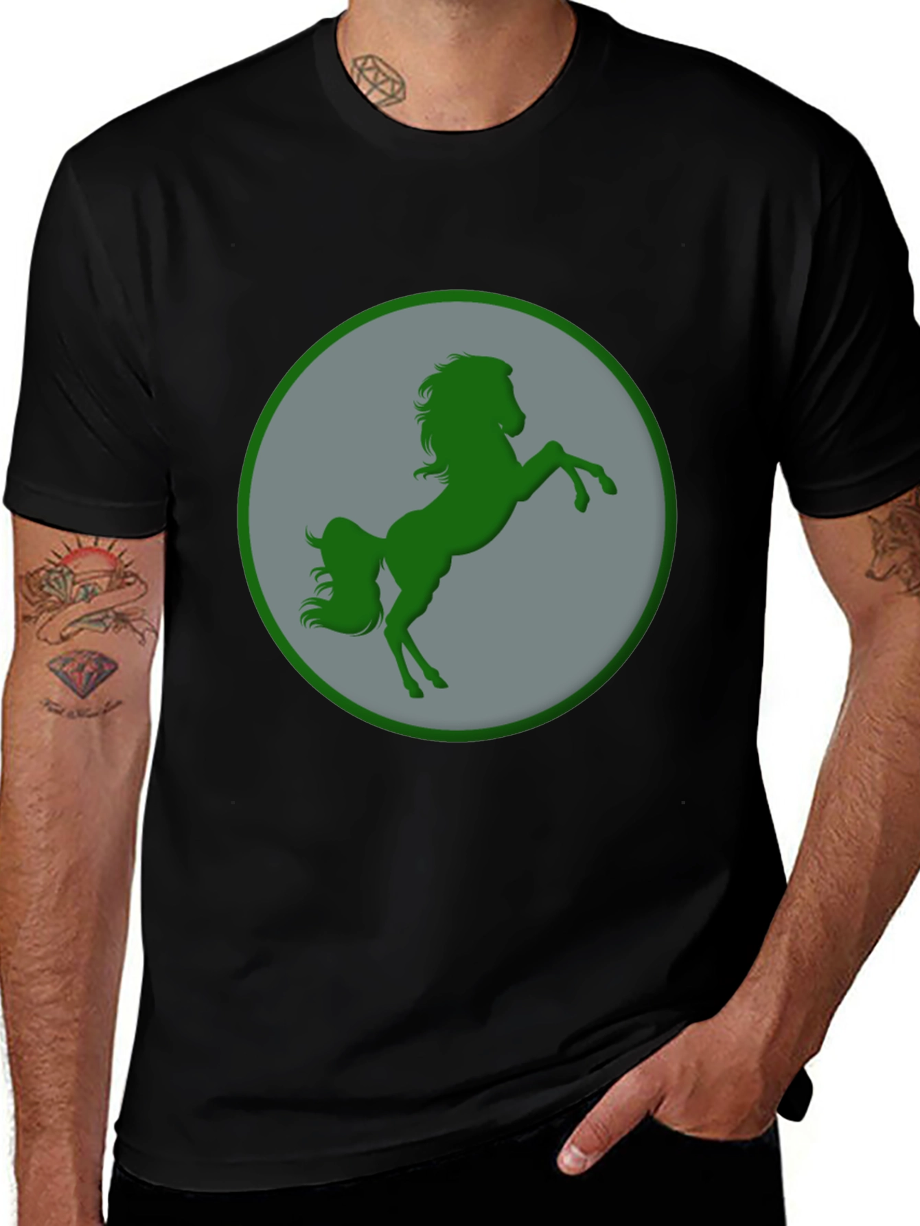 Green Horse Graphic Black T-Shirt