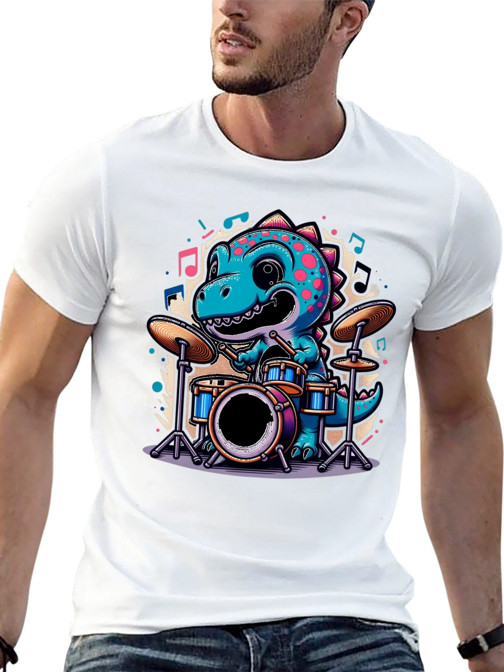 Dino Drummer Tee - Cute Cartoon Dinosaur T-Shirt