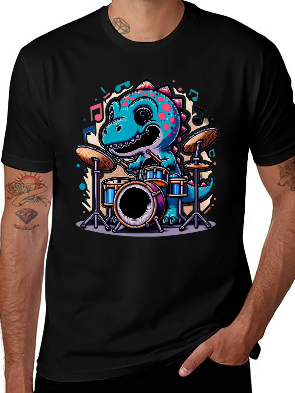Dino Drummer Tee - Cute Cartoon Dinosaur T-Shirt