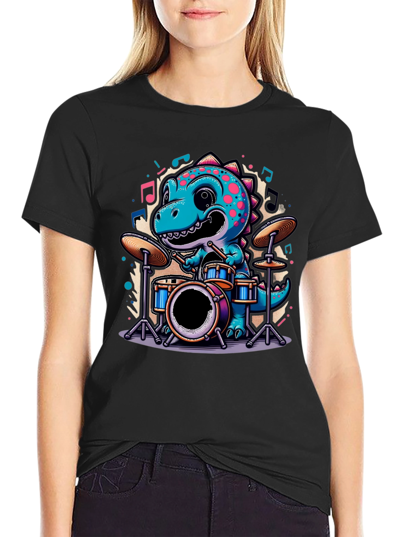 Dino Drummer Tee - Cute Cartoon Dinosaur T-Shirt