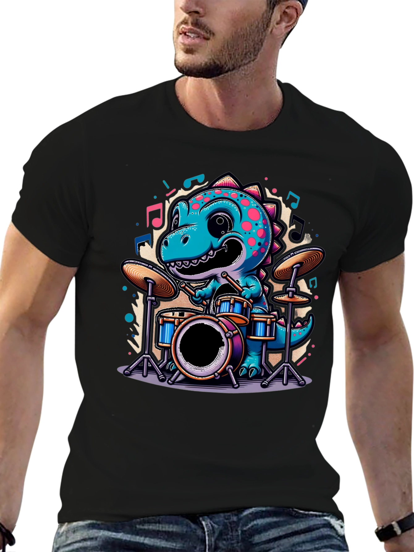 Dino Drummer Tee - Cute Cartoon Dinosaur T-Shirt