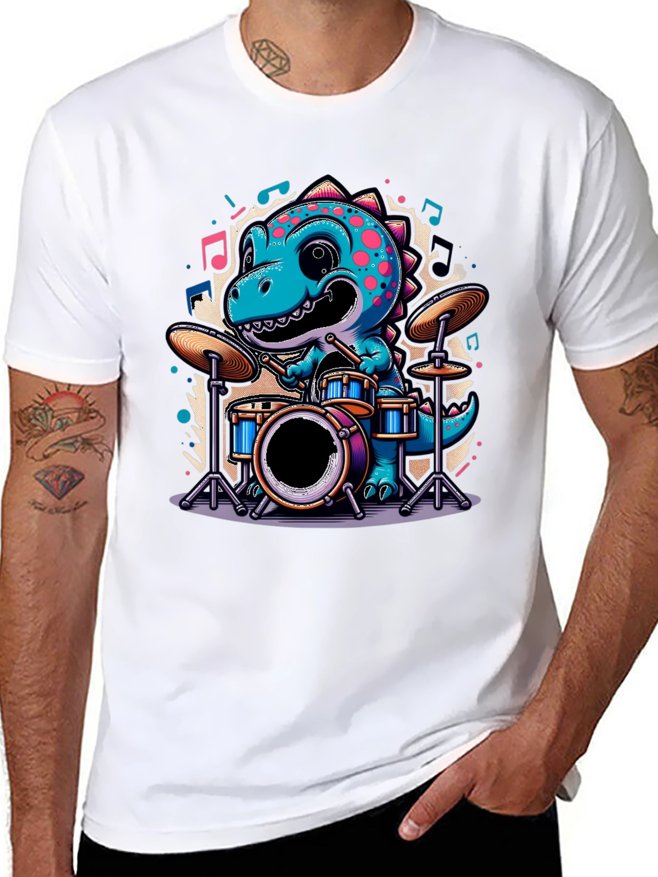 Dino Drummer Tee - Cute Cartoon Dinosaur T-Shirt