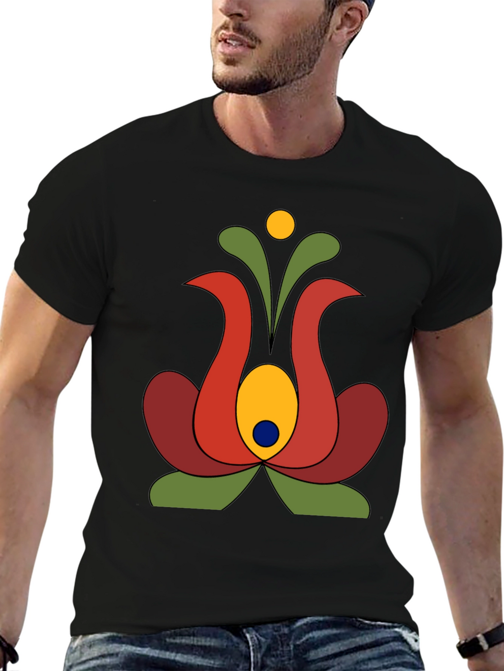 Retro Floral Graphic Tee - Black Cotton T-Shirt