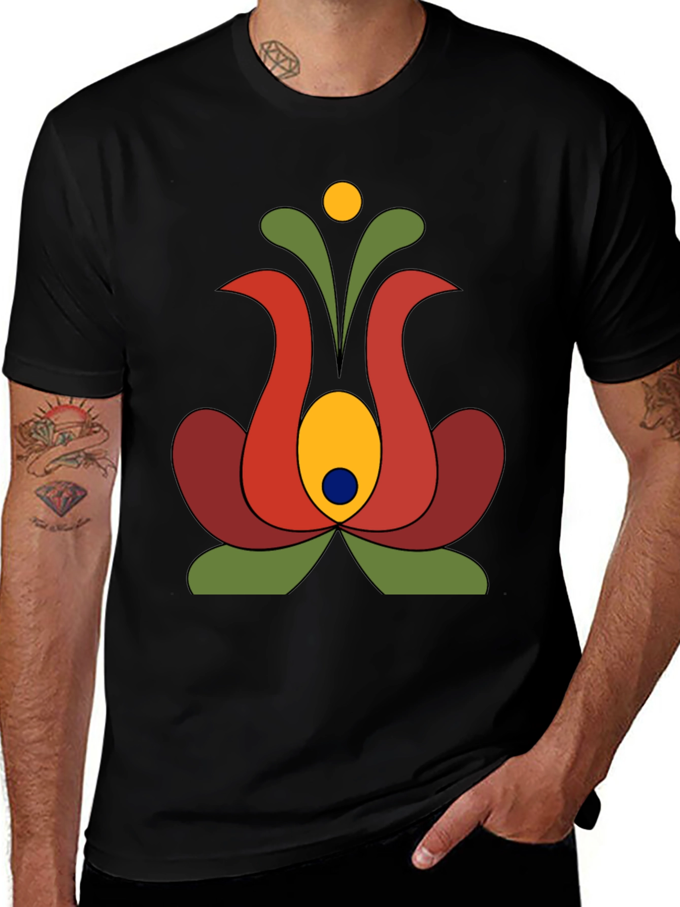 Retro Floral Graphic Tee - Black Cotton T-Shirt