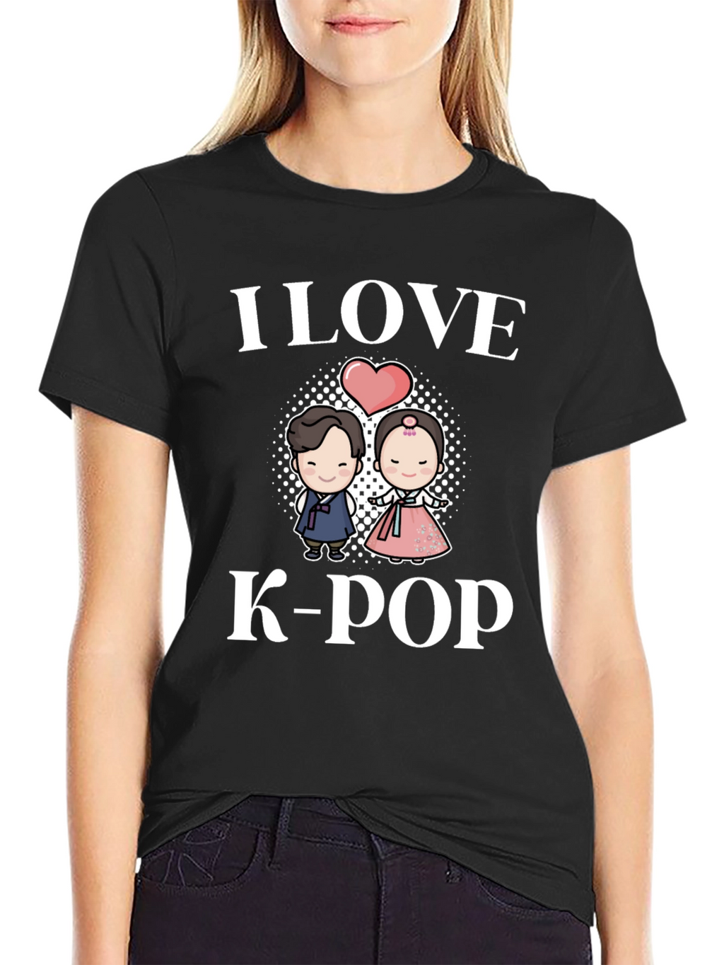 I Love K-Pop T-Shirt Couple Hanbok Design Black Tee