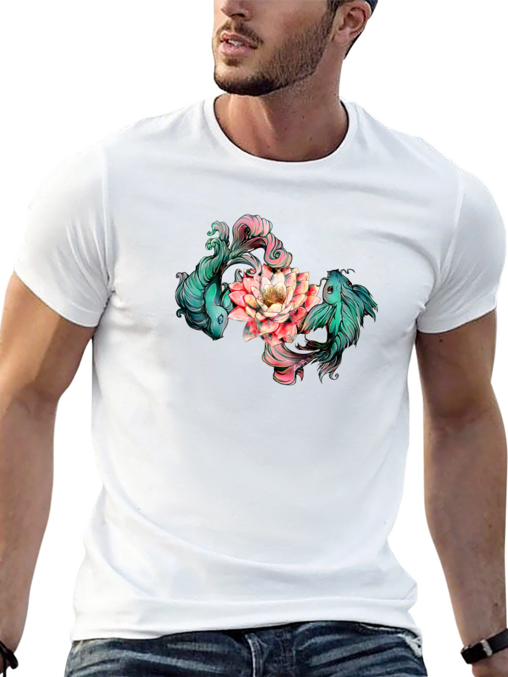 Koi Fish and Lotus Flower Graphic T-Shirt