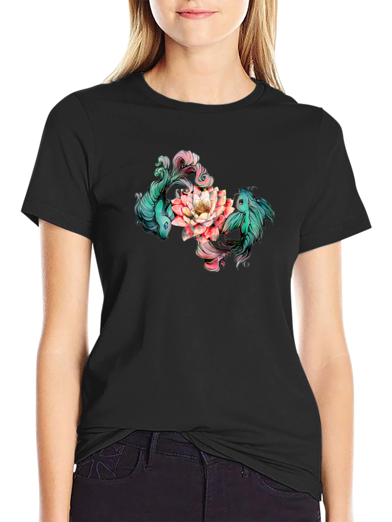 Koi Fish and Lotus Flower Graphic T-Shirt