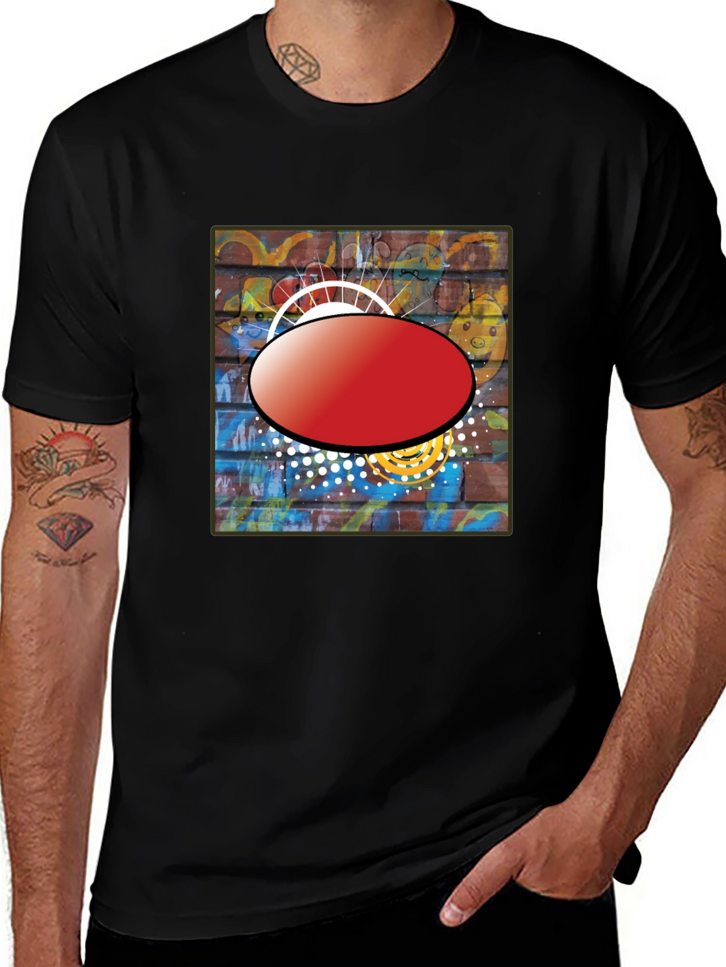 Black Graphic T-Shirt with Abstract Brick Wall Design