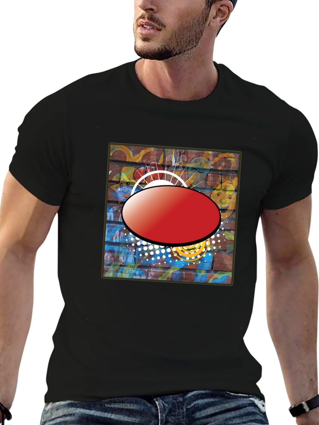 Black Graphic T-Shirt with Abstract Brick Wall Design