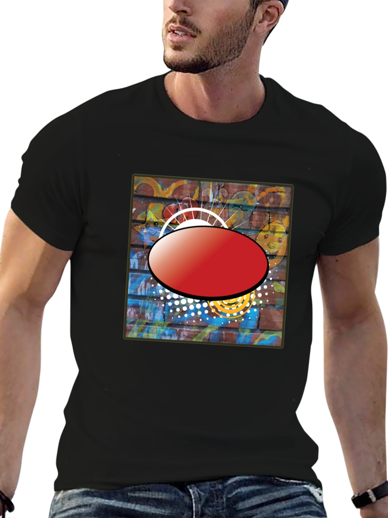 Black Graphic T-Shirt with Abstract Brick Wall Design