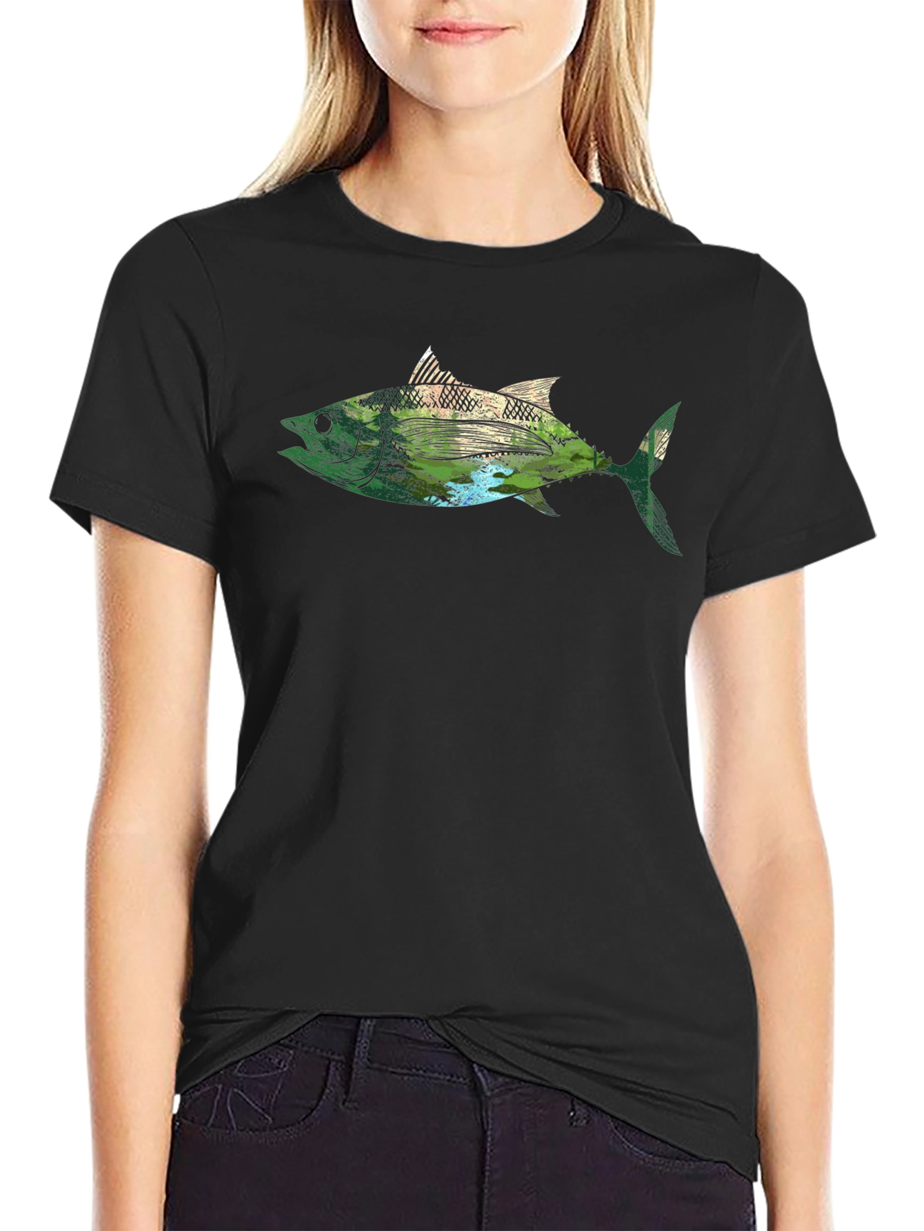 Nature Fish Graphic Black T-Shirt