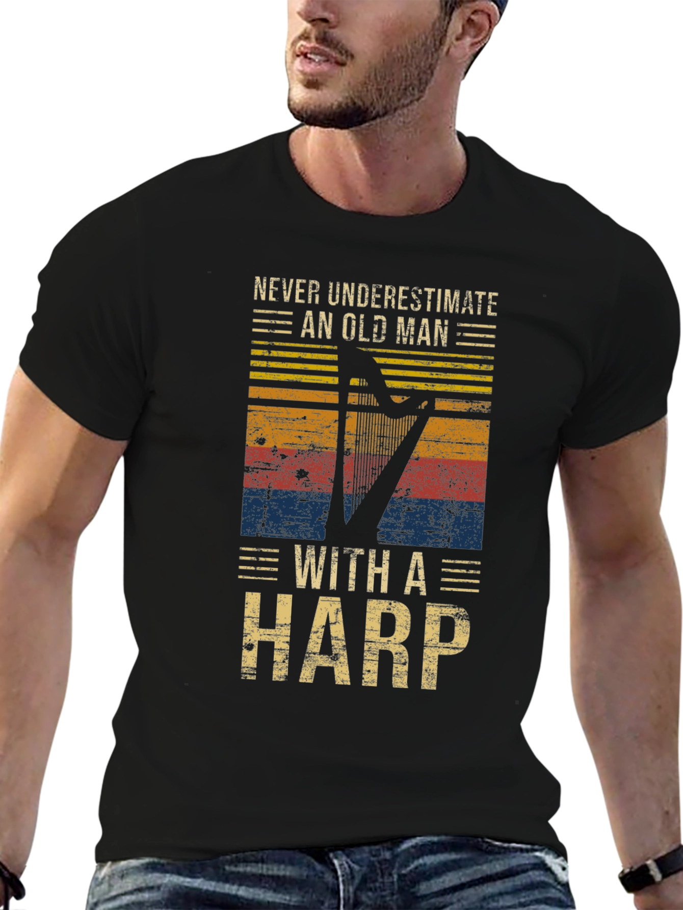 Never Underestimate Old Man with Harp T-Shirt