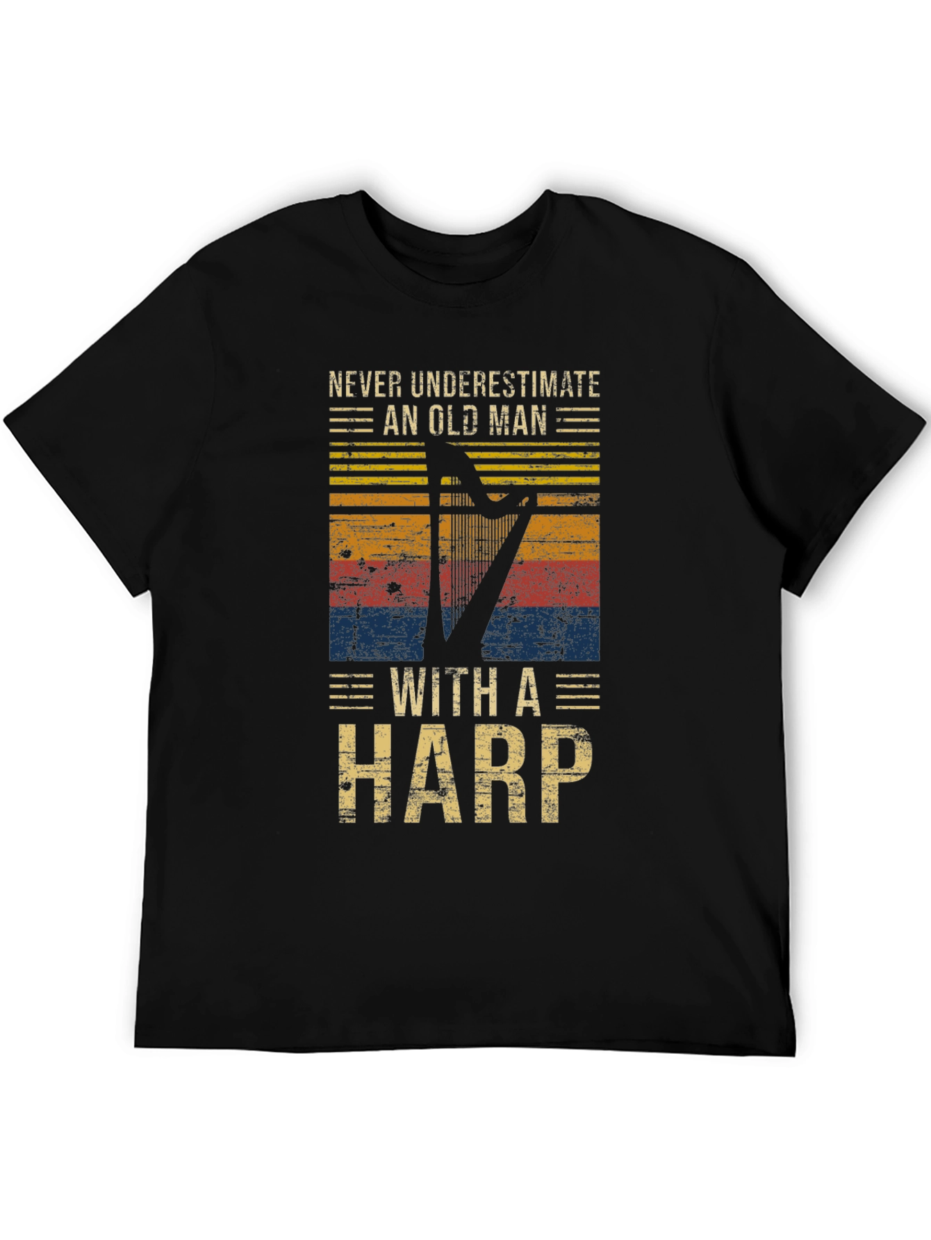 Never Underestimate Old Man with Harp T-Shirt