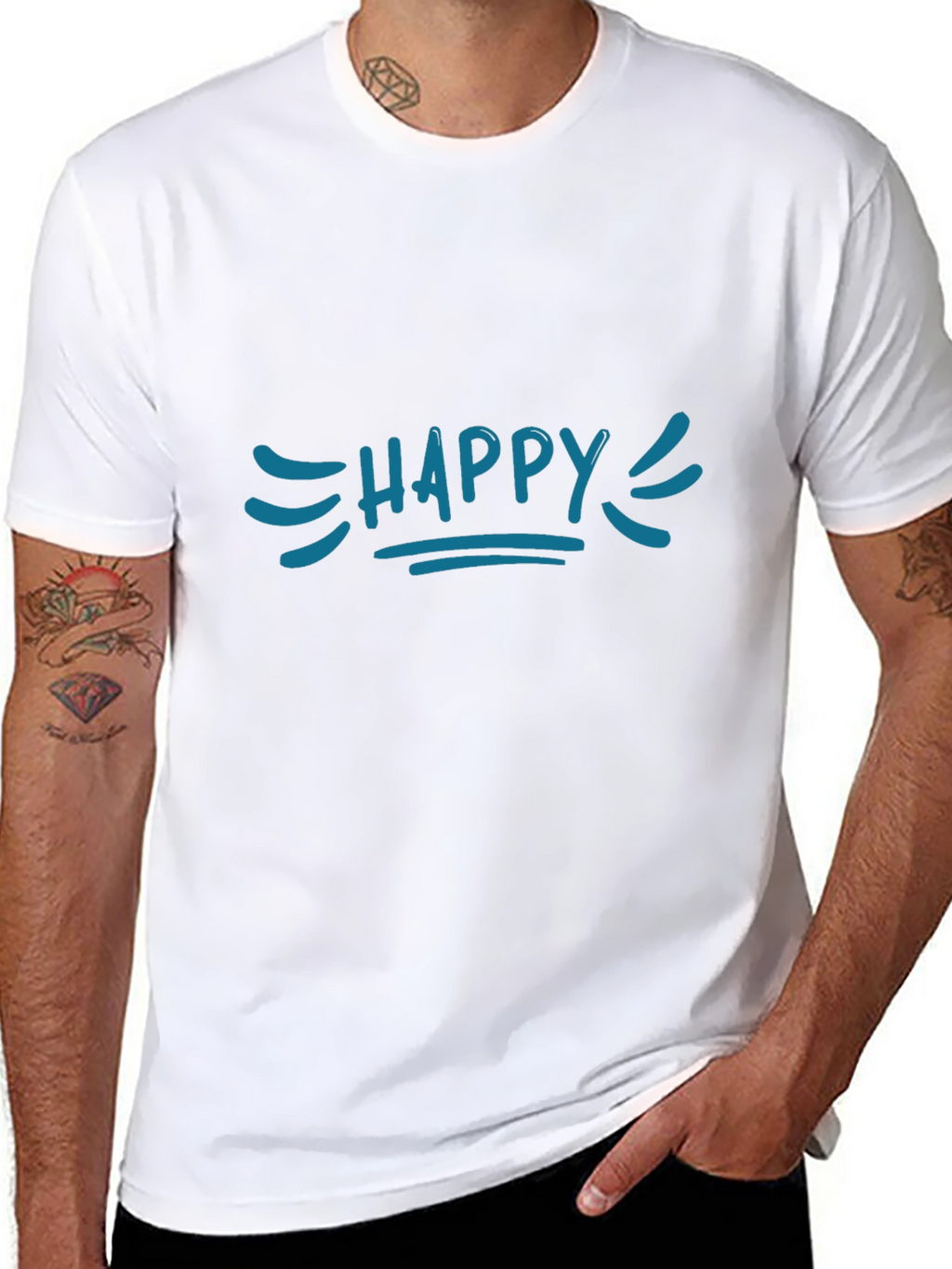 Happy Graphic Tee - Blue Print Black Cotton T-Shirt