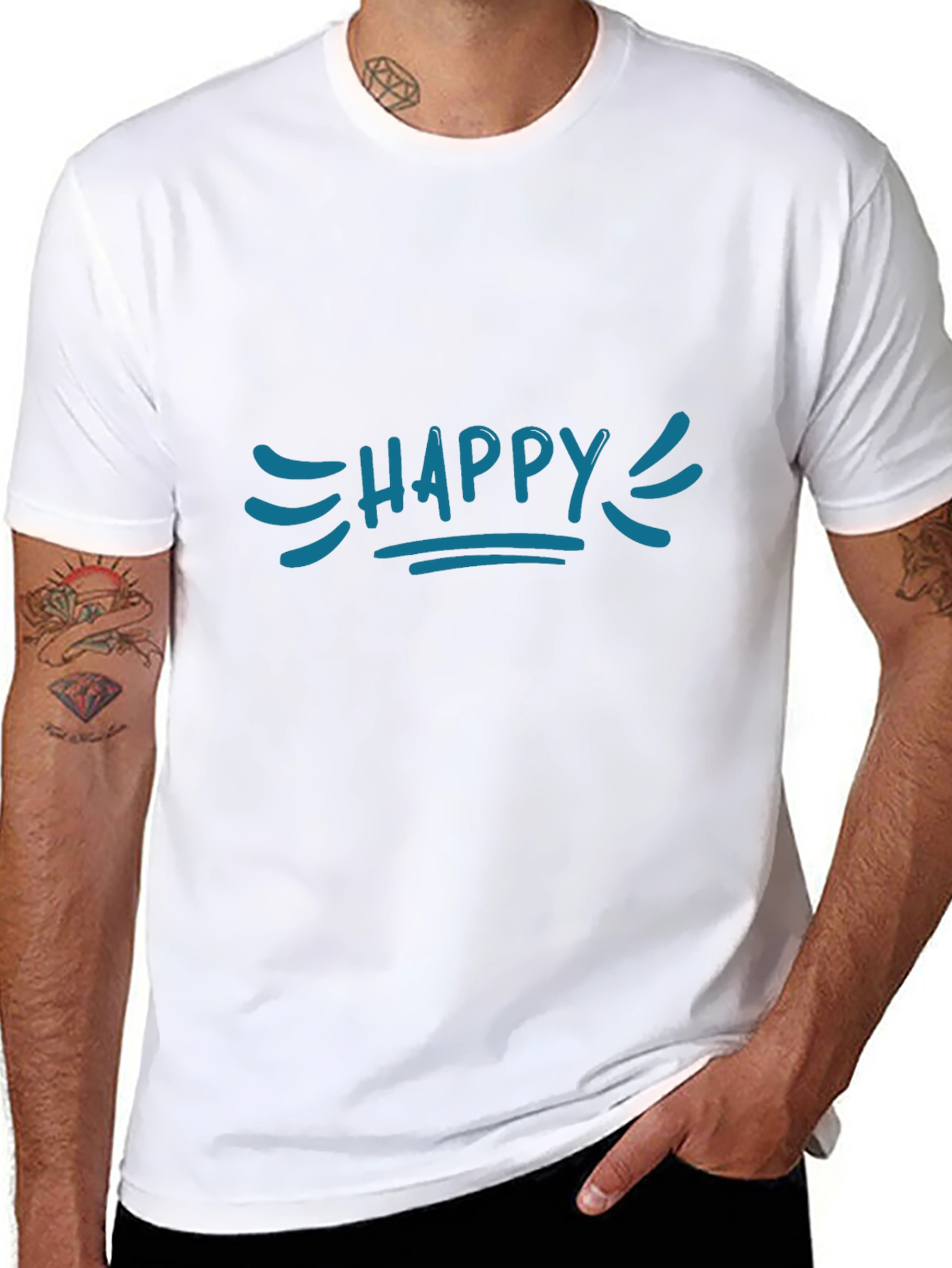 Happy Graphic Tee - Blue Print Black Cotton T-Shirt