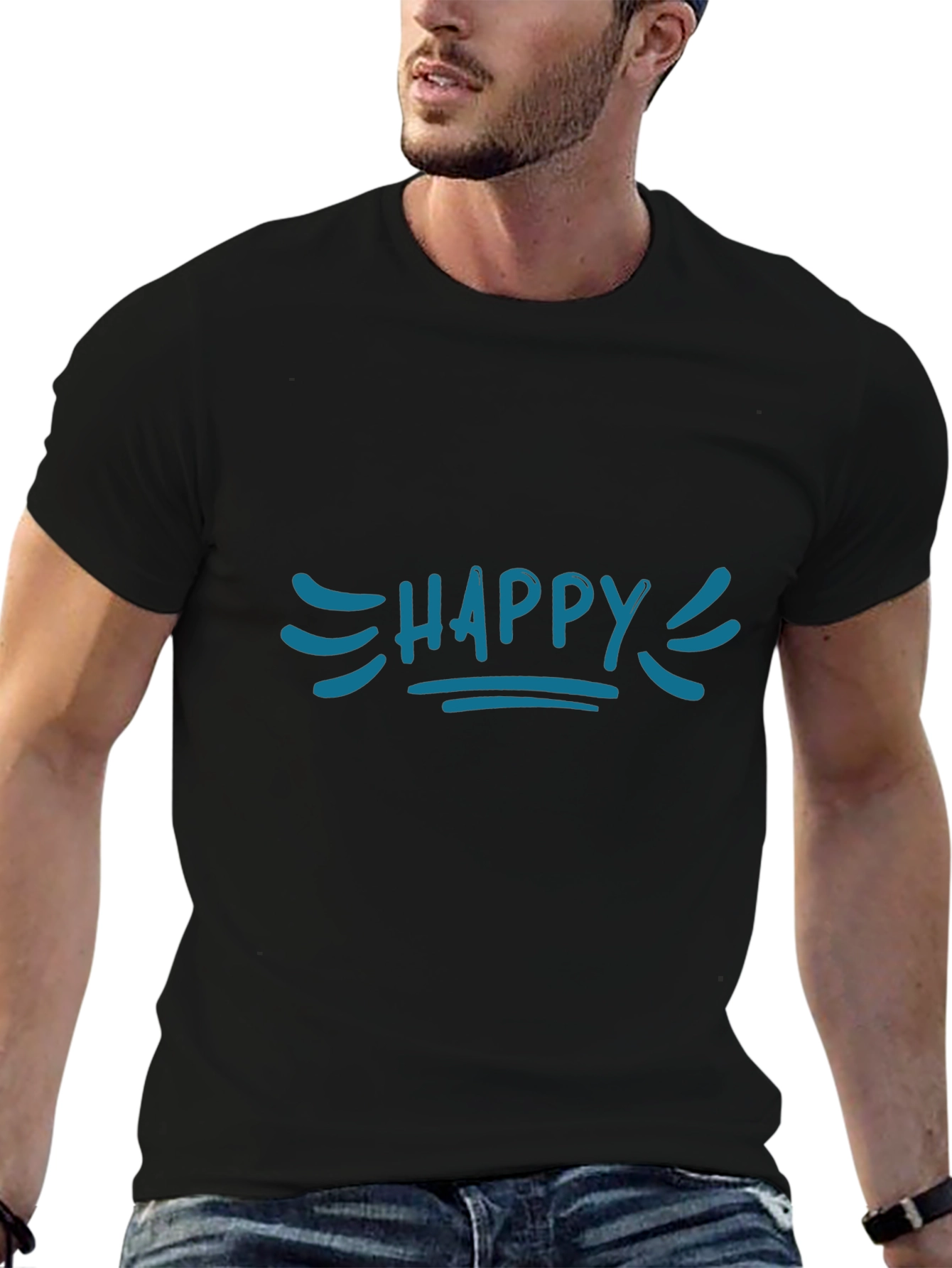 Happy Graphic Tee - Blue Print Black Cotton T-Shirt