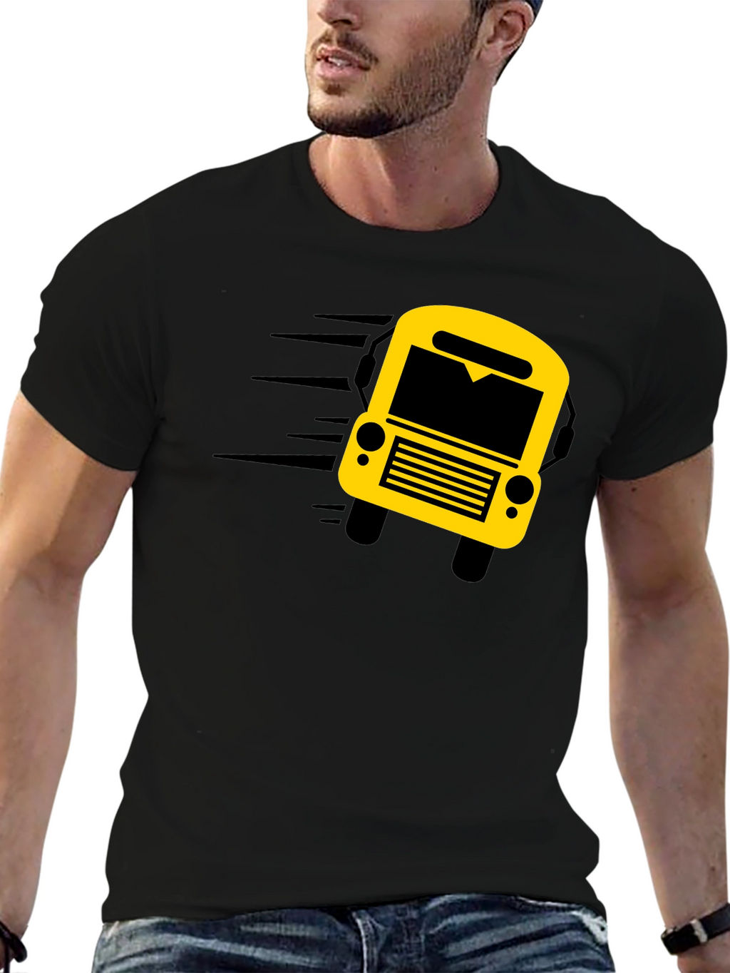 Black Graphic Tee: School Bus Design