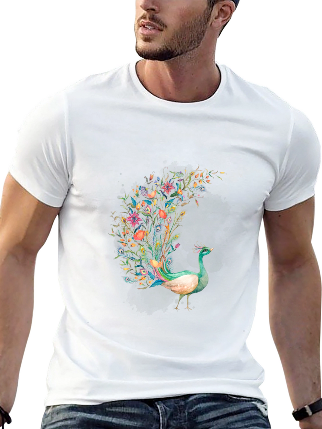 Floral Peacock Graphic Print Black T-Shirt