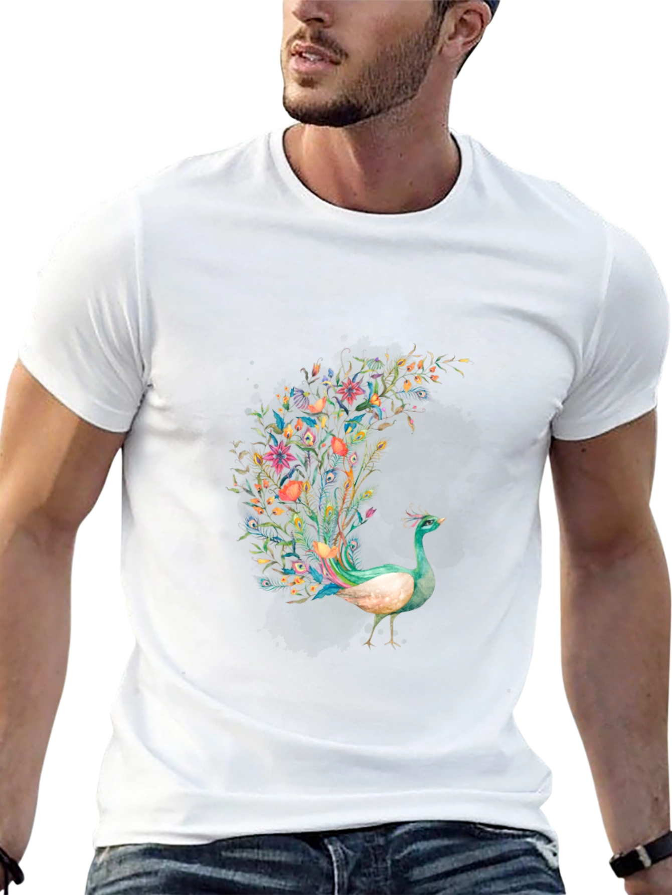 Floral Peacock Graphic Print Black T-Shirt
