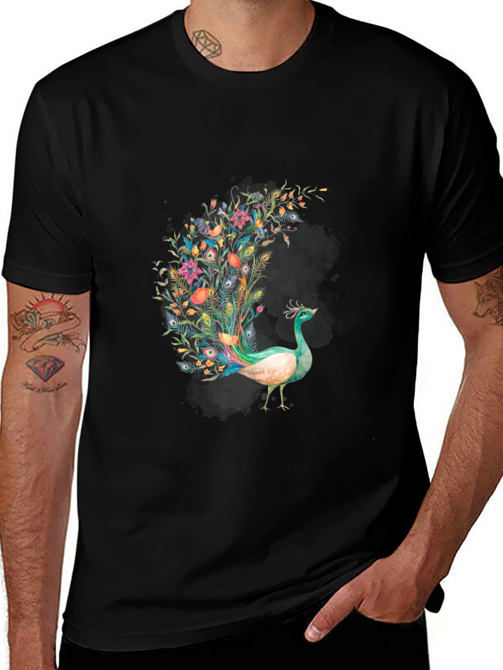 Floral Peacock Graphic Print Black T-Shirt