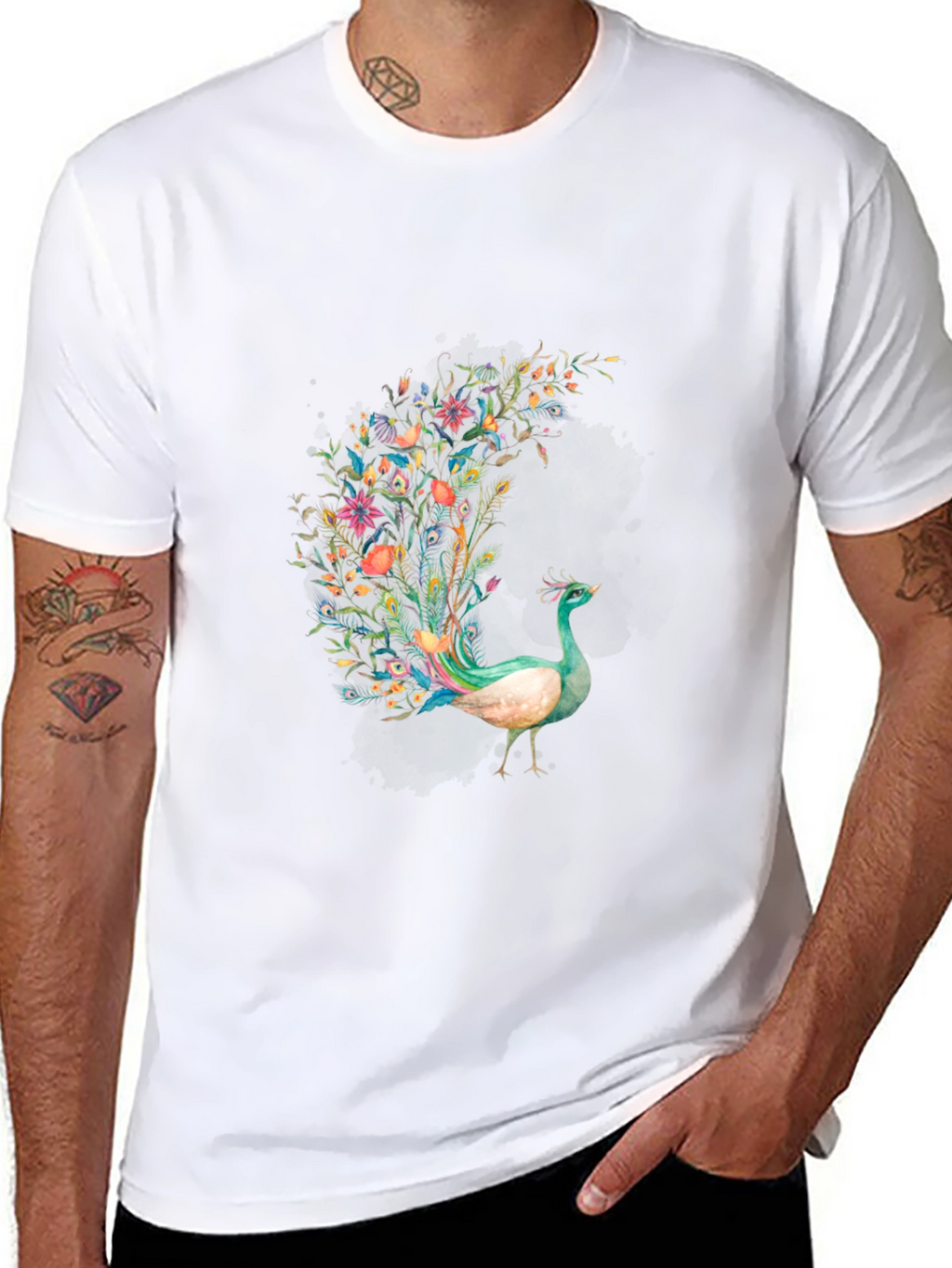 Floral Peacock Graphic Print Black T-Shirt