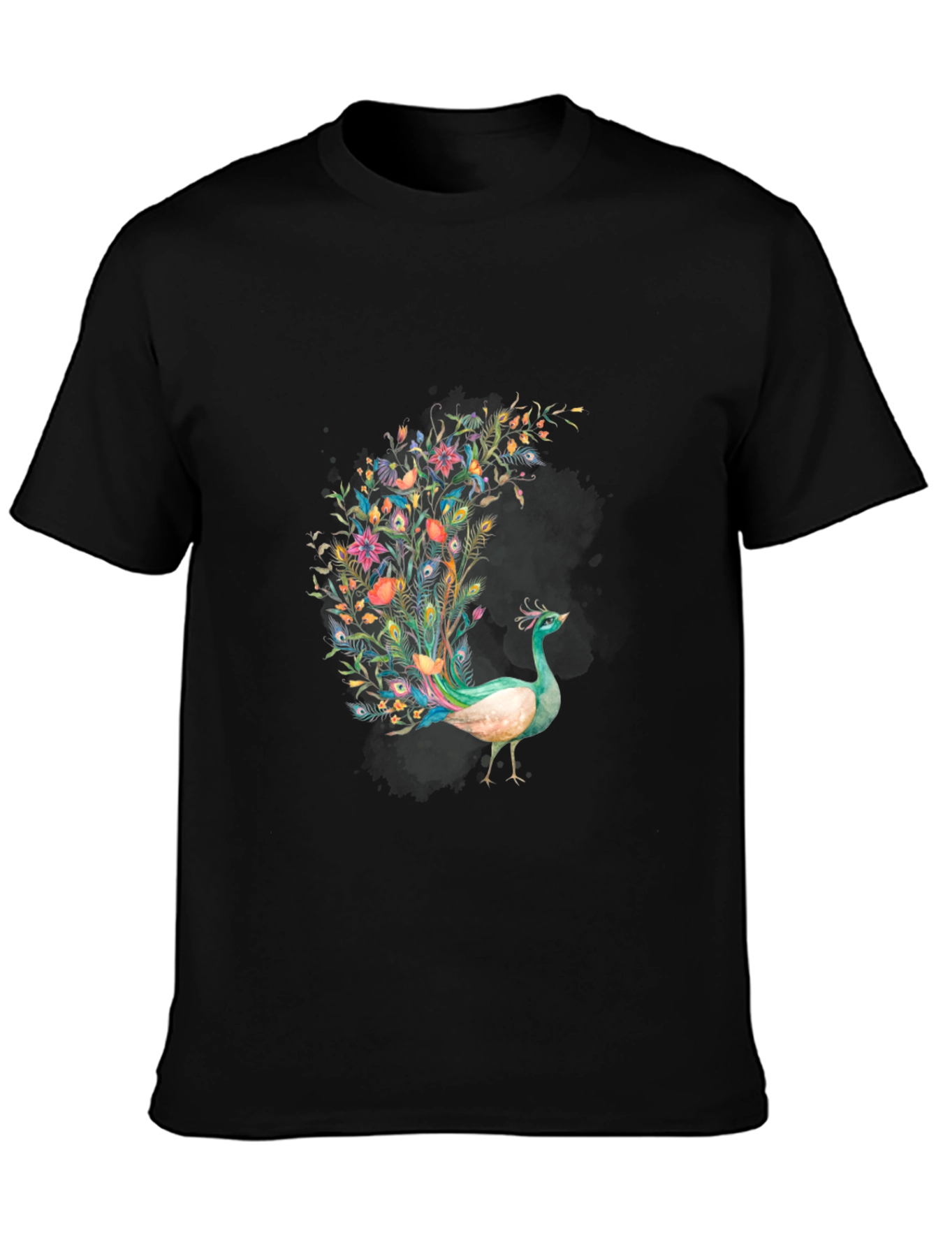 Floral Peacock Graphic Print Black T-Shirt
