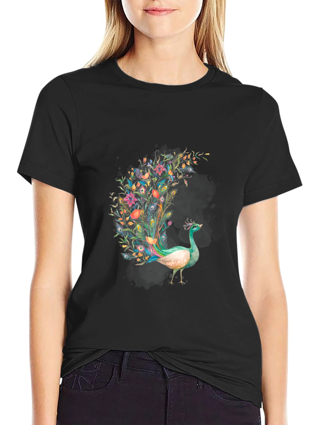 Floral Peacock Graphic Print Black T-Shirt