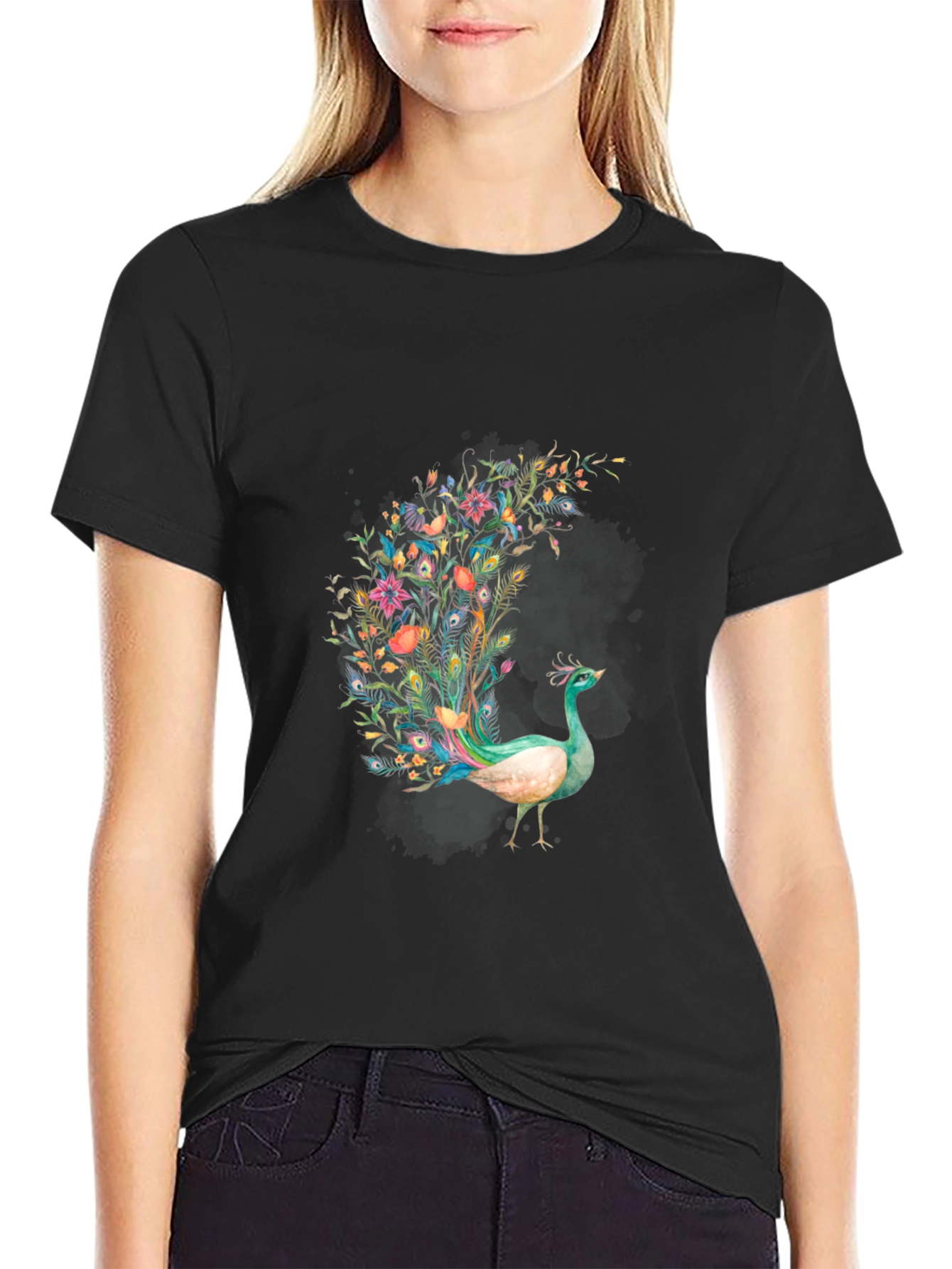 Floral Peacock Graphic Print Black T-Shirt