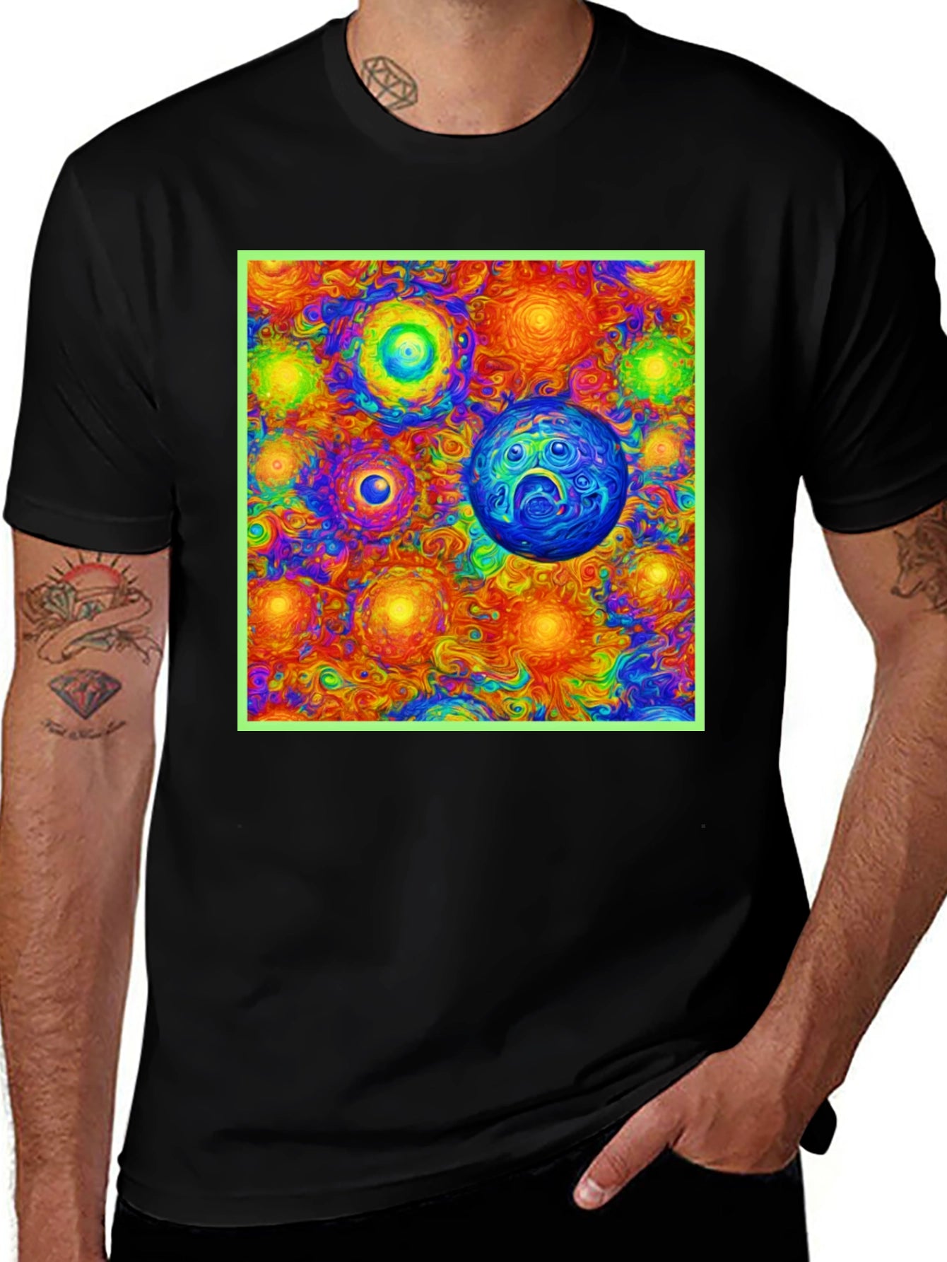 Vibrant Cosmic Print Tee - Black Cotton Blend