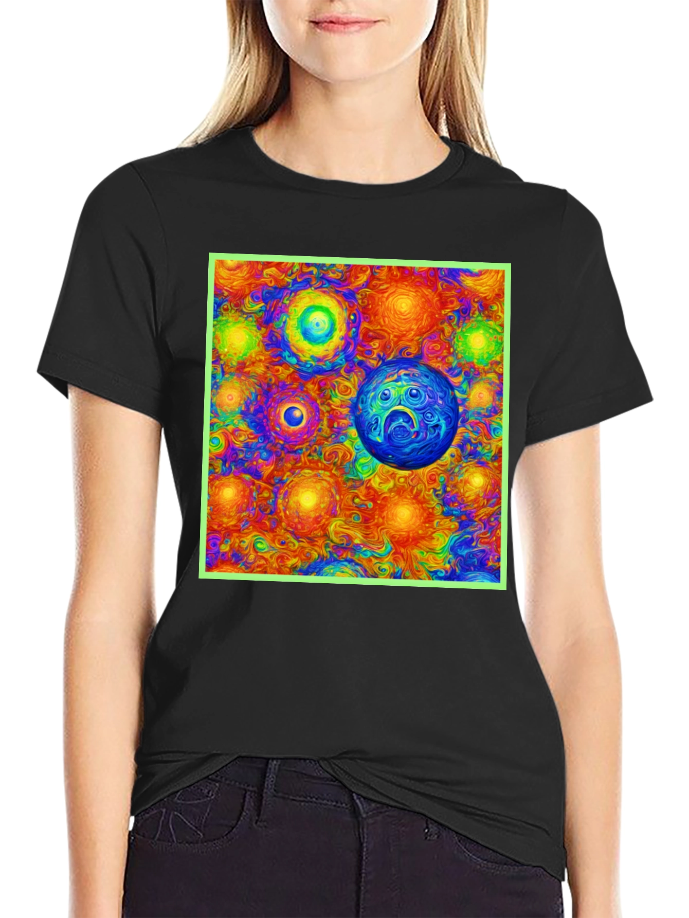 Vibrant Cosmic Print Tee - Black Cotton Blend