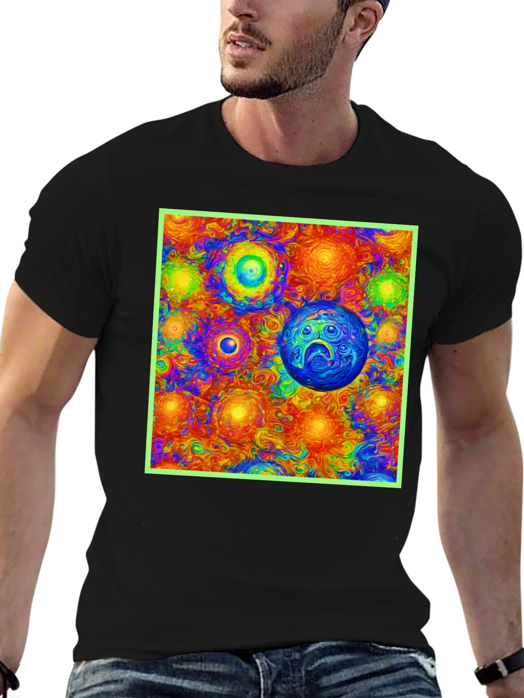 Vibrant Cosmic Print Tee - Black Cotton Blend