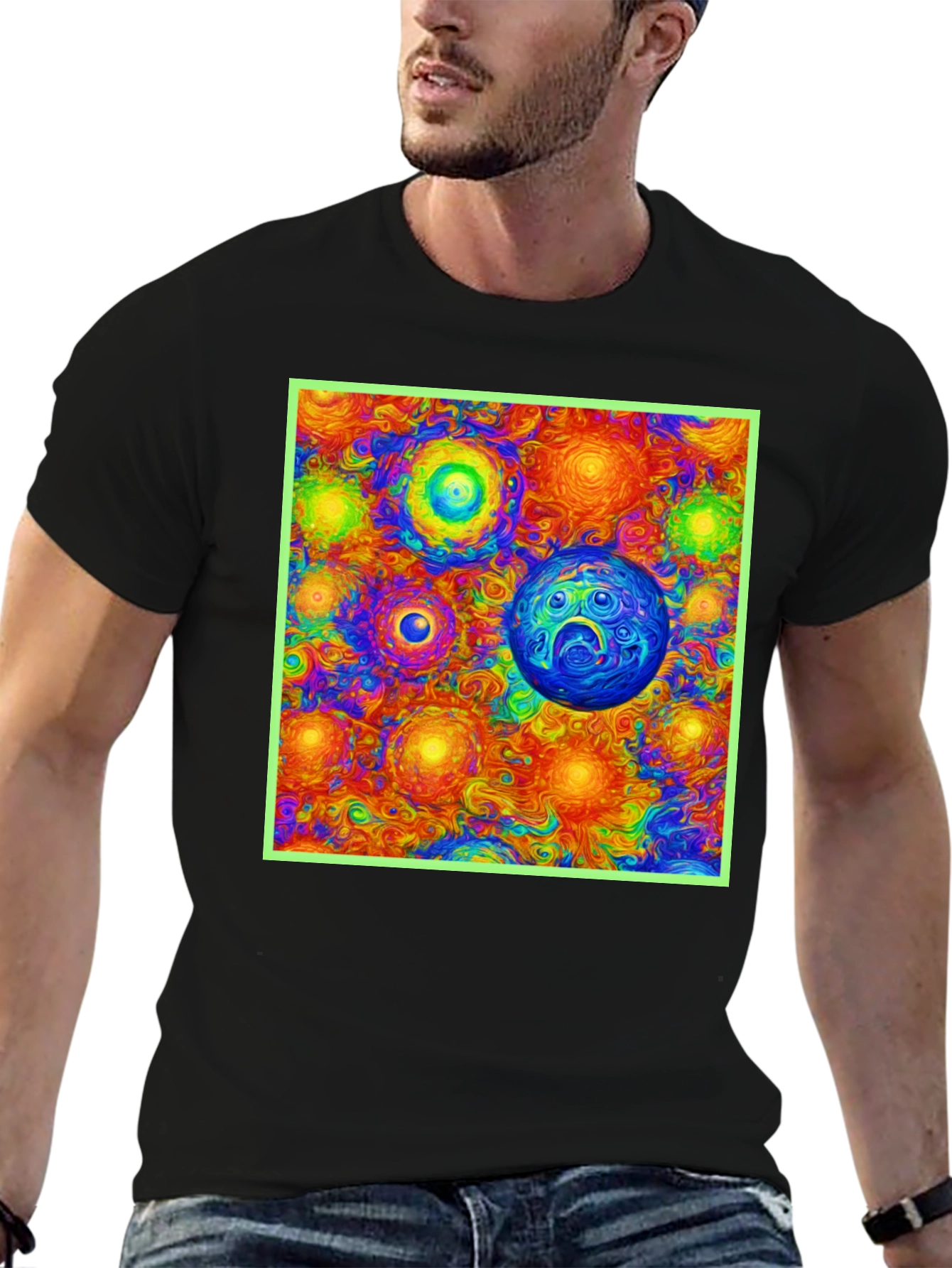 Vibrant Cosmic Print Tee - Black Cotton Blend