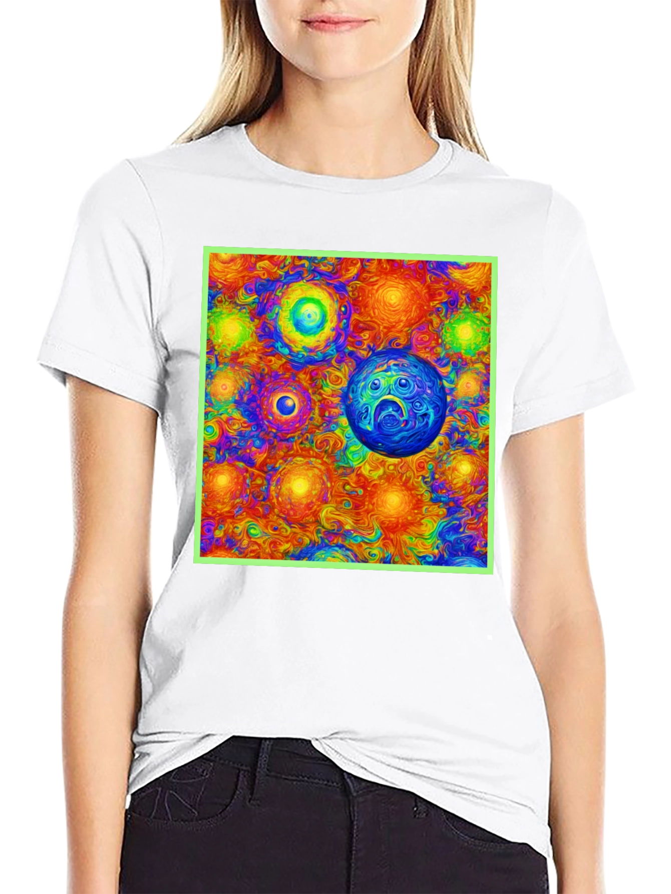 Vibrant Cosmic Print Tee - Black Cotton Blend