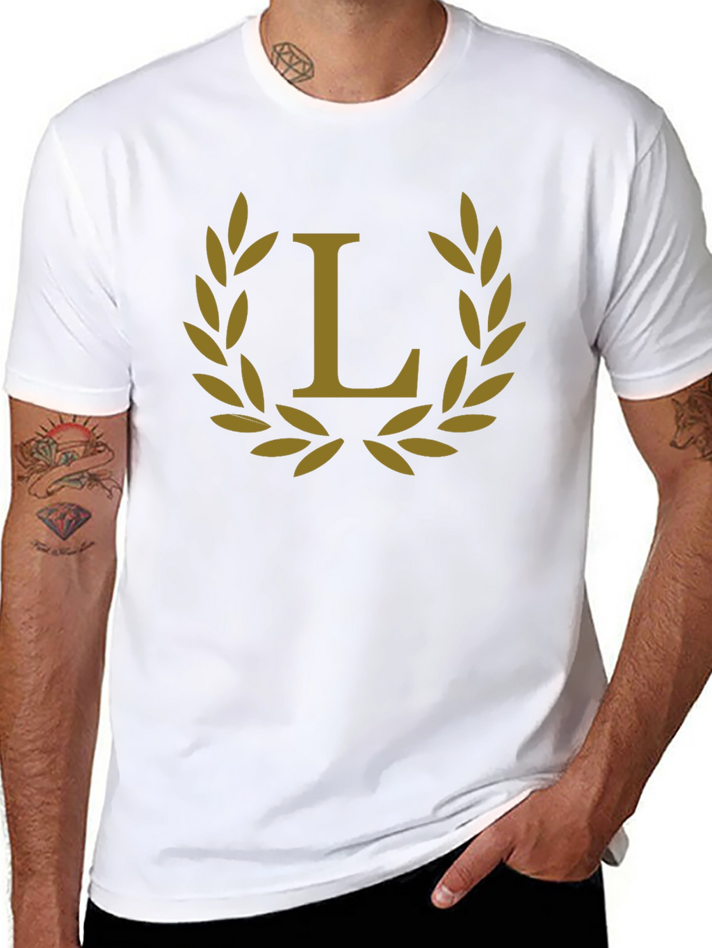 Elegant Black Tee with Golden Laurel L Design