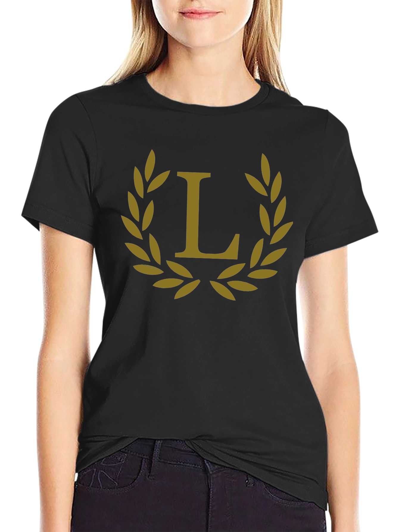 Elegant Black Tee with Golden Laurel L Design
