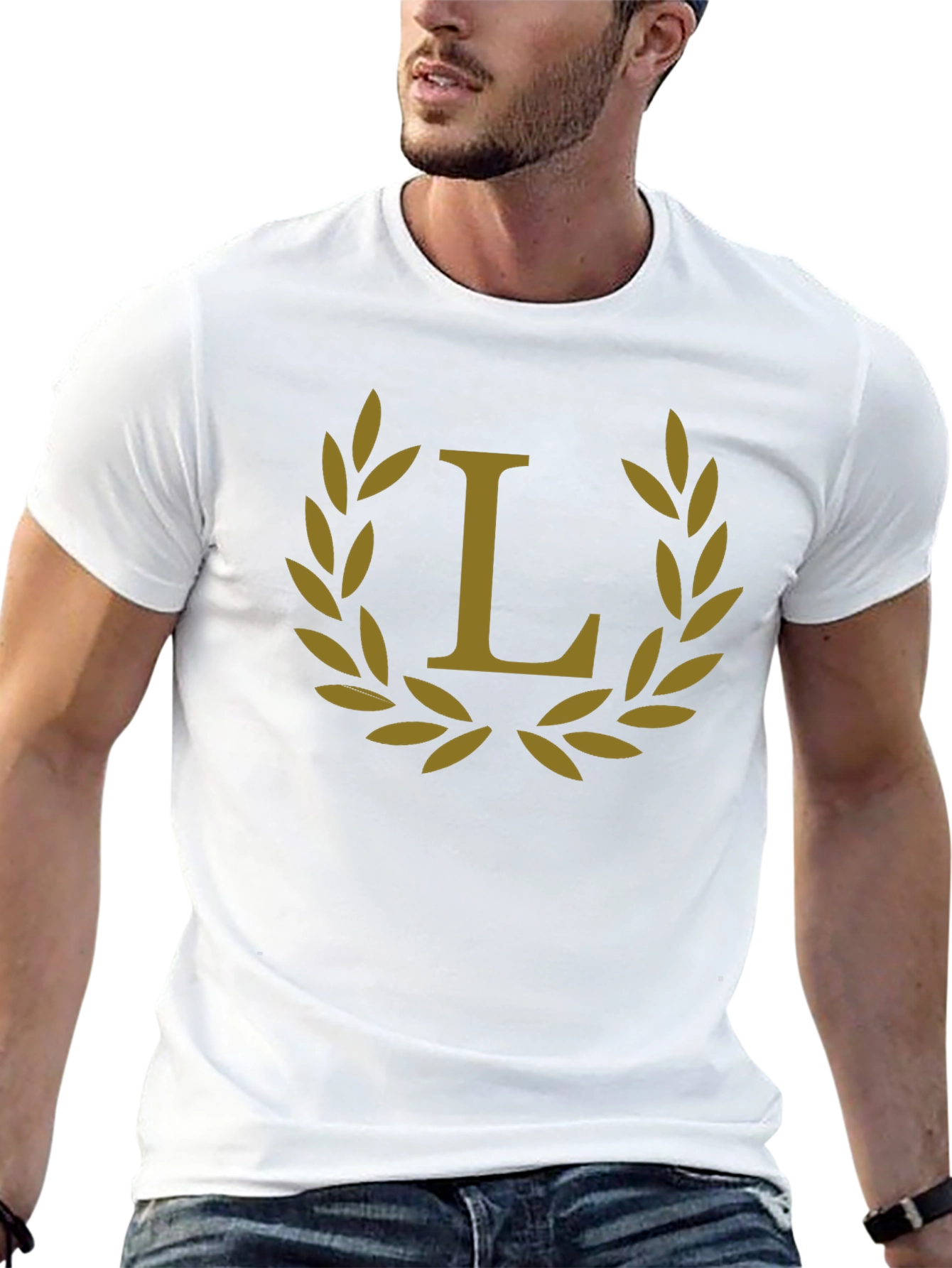 Elegant Black Tee with Golden Laurel L Design