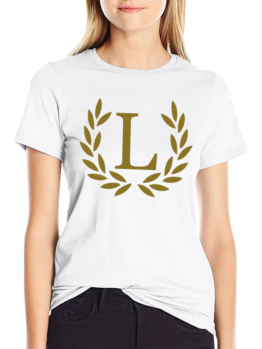 Elegant Black Tee with Golden Laurel L Design