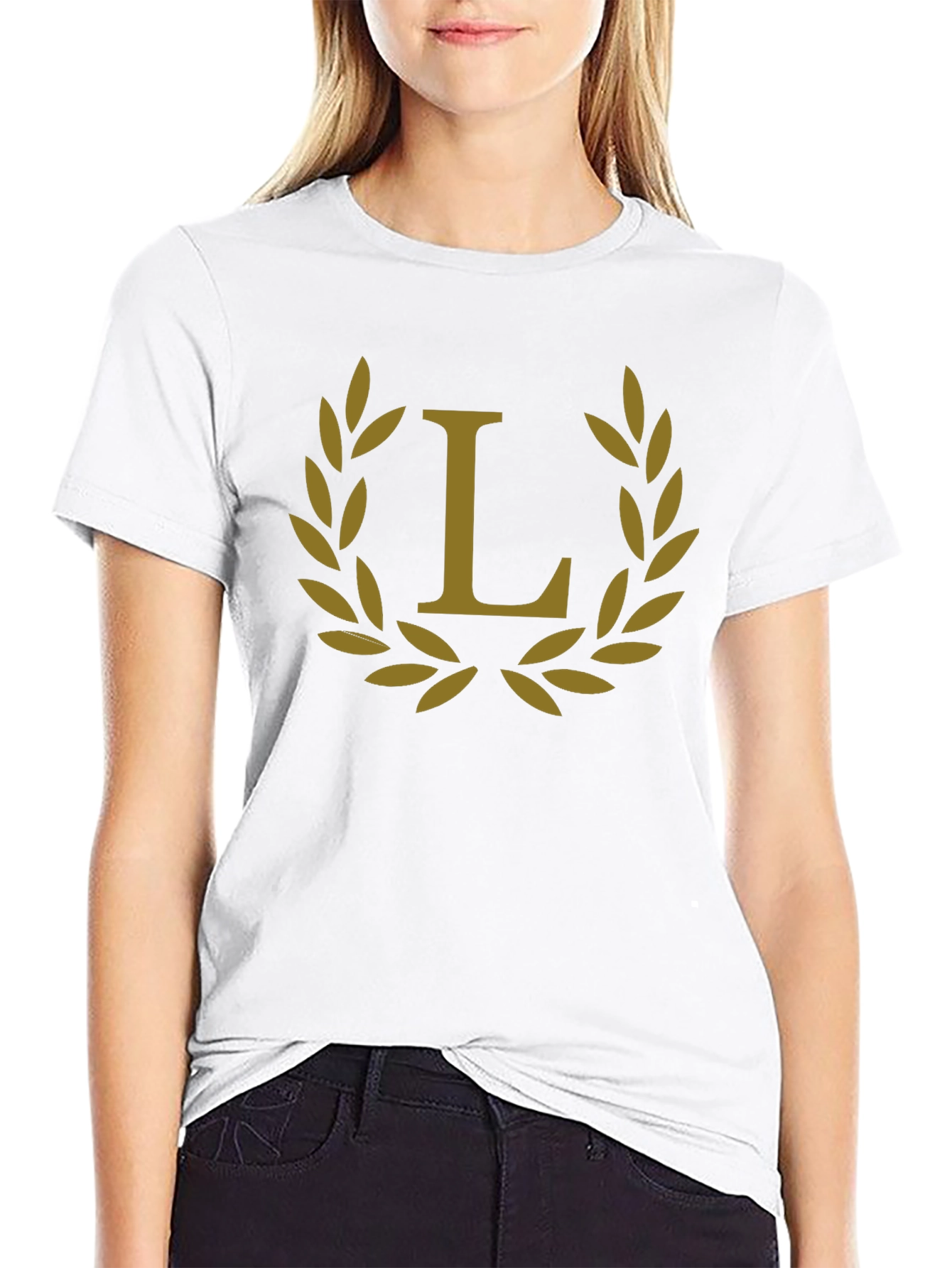 Elegant Black Tee with Golden Laurel L Design