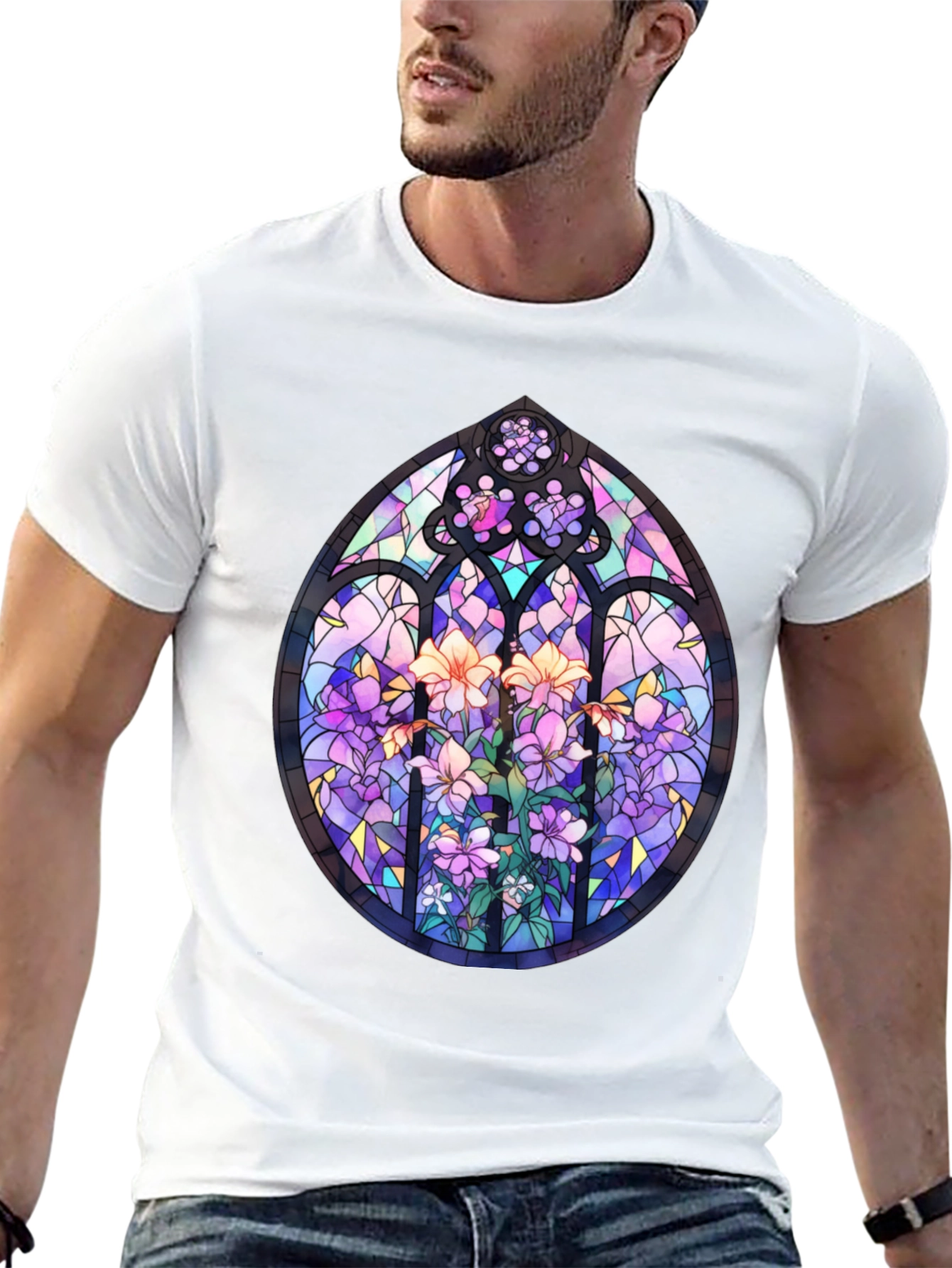 Stained Glass Floral T-Shirt - Artistic Mens Tee