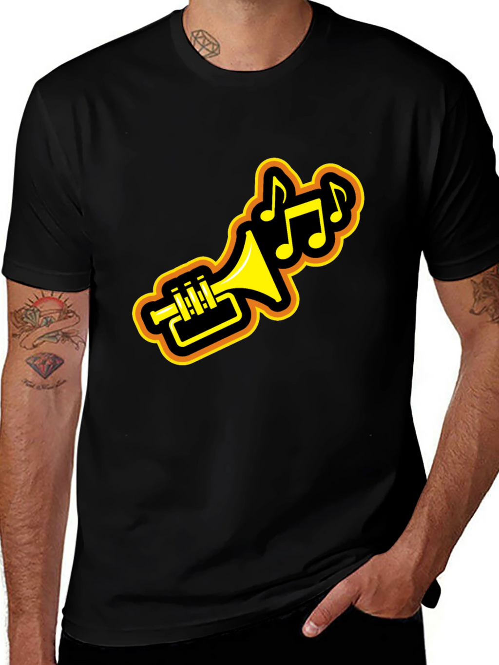 Trumpet Music Notes Black Graphic Tee