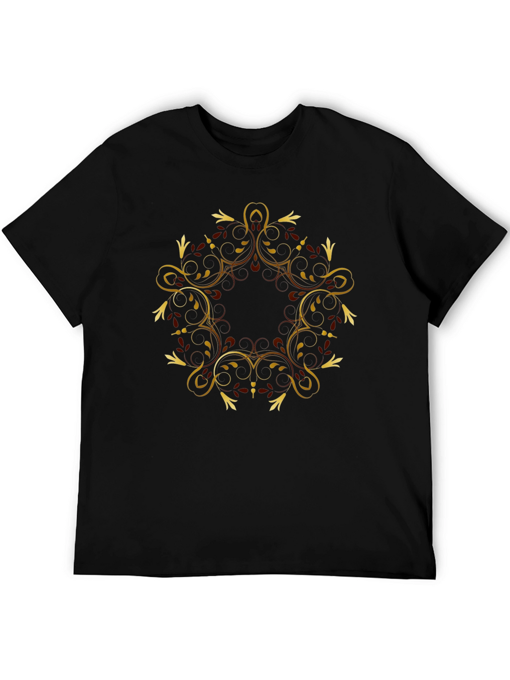 Elegant Gold Floral Mandala Black T-Shirt