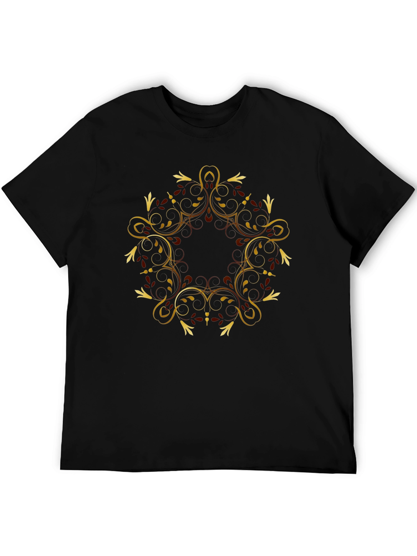 Elegant Gold Floral Mandala Black T-Shirt