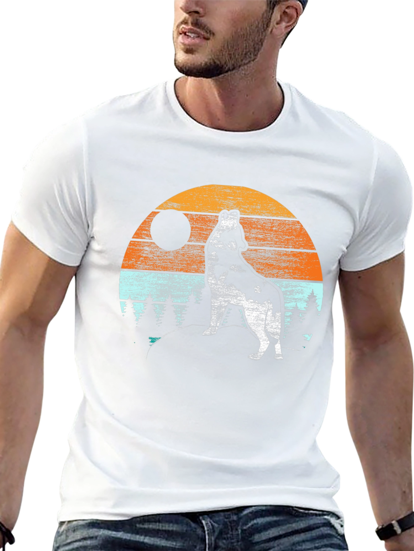 Wolf Howling at Moon T-Shirt - Retro Design
