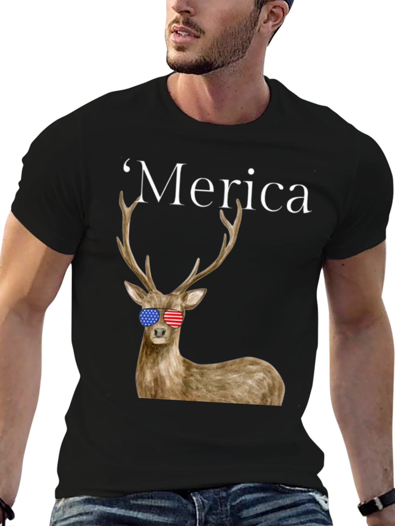 Merica Deer Graphic Tee - Patriotic Style