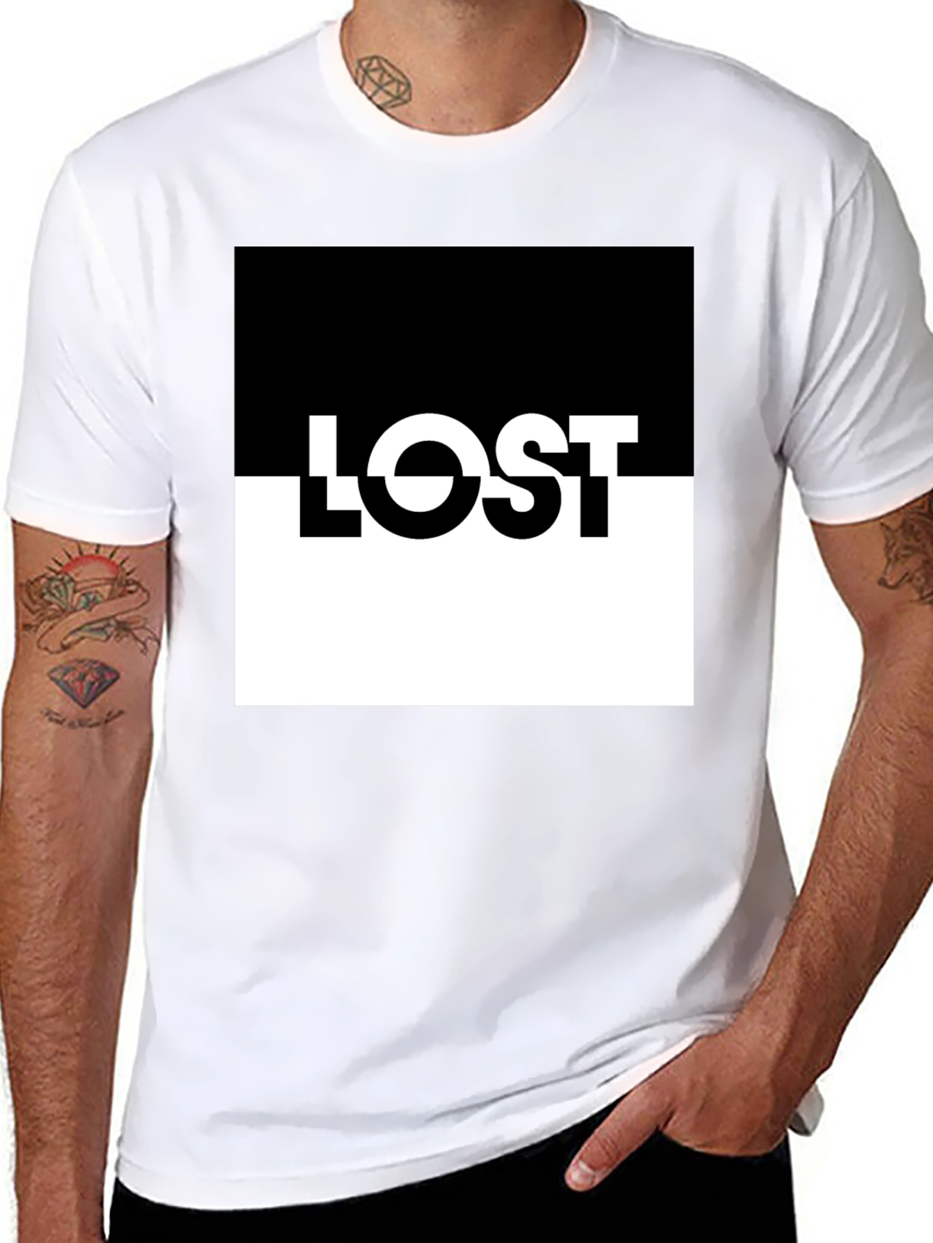 LOST Graphic Tee: Black & White Split Design